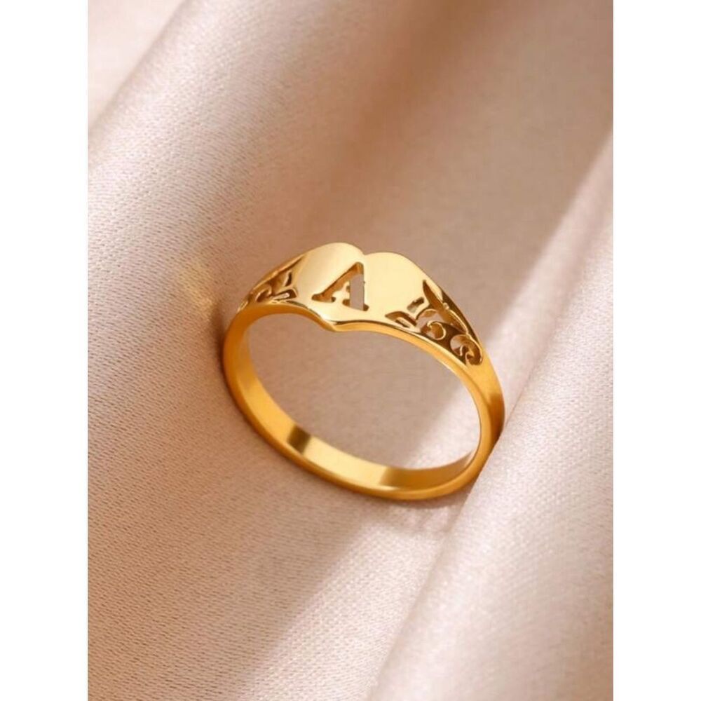 Gold Heart Initial A Signet Ring - Women's Personalized Jewelry R 600